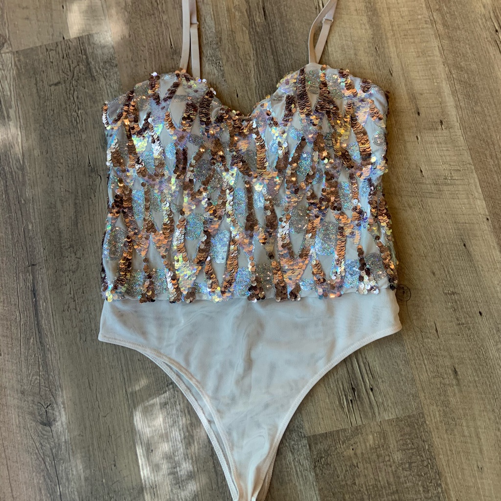 Zara Sequin Bodysuit In Iridescent Rose Gold And White
